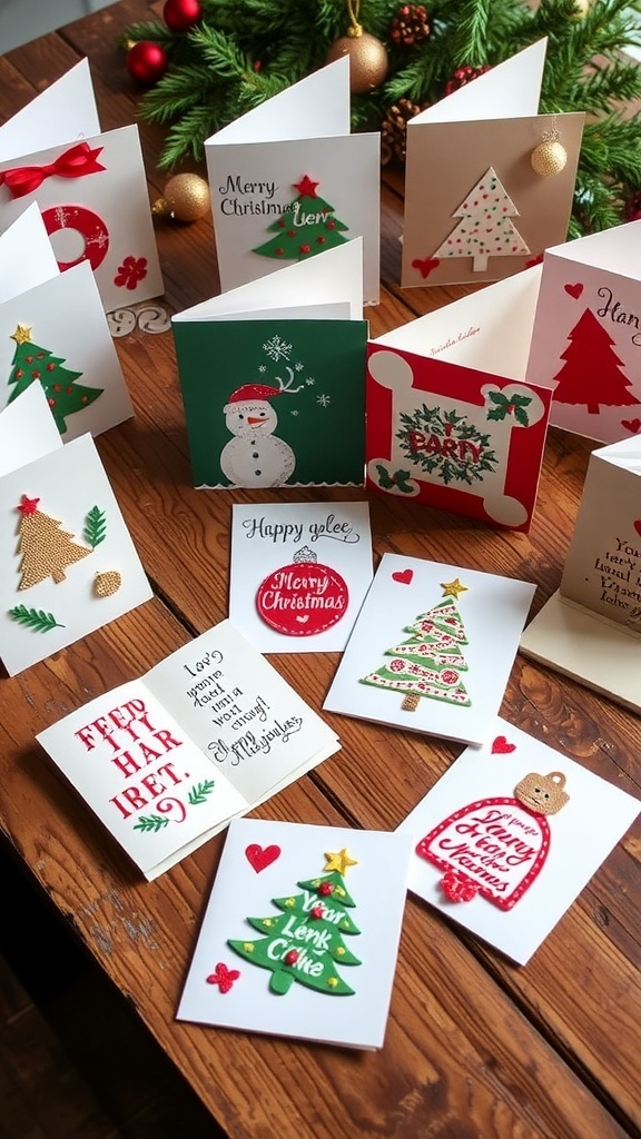 A variety of handmade Christmas cards with festive designs on a wooden table.